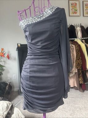 Ruby Rox Charcoal One-Shoulder Evening Dress with Jewel Trim